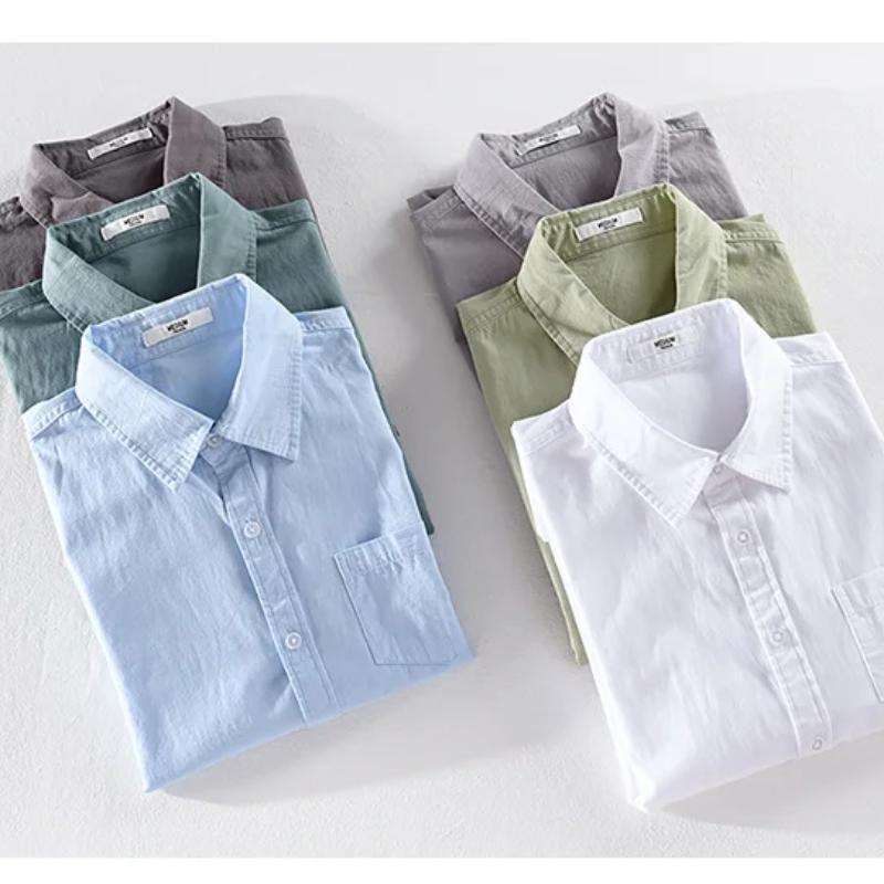 Summer Short Sleeve Shirt Men Daily Casual Tops Square Collar Soft and Comfortable Green Pure Cotton Shirt Korean Simple Style Men Clothing