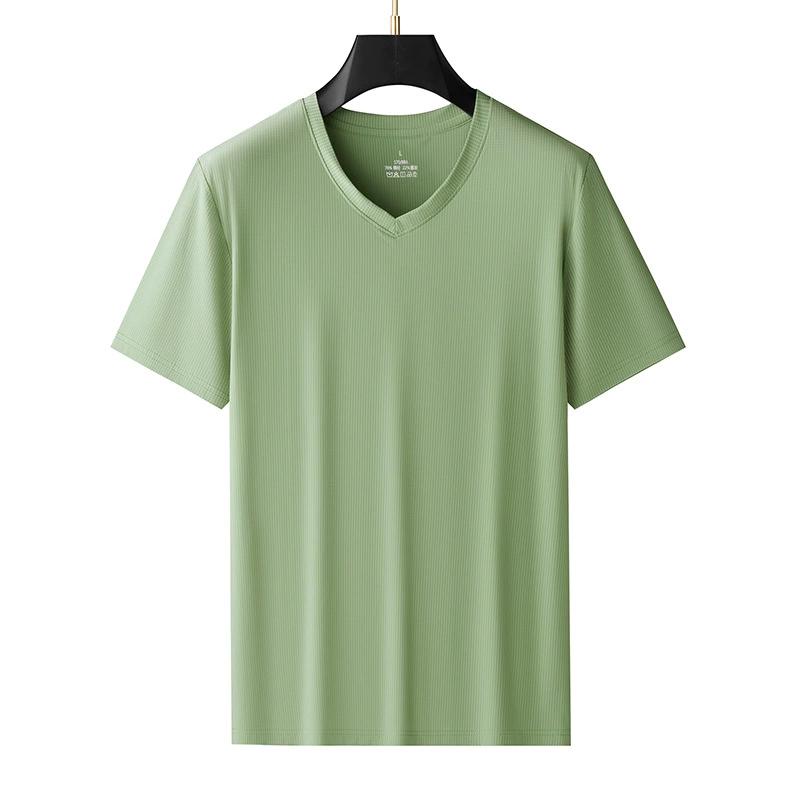 Men's Short Sleeved T-shirt, Summer Ice Silk V-neck Casual Cool T-shirt, Solid Color Top, Thin and Plus Size