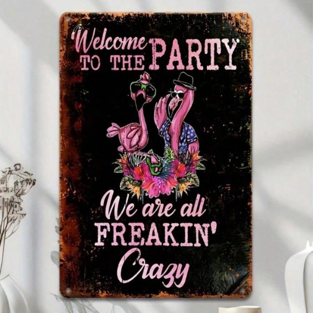 Welcome Party Flamingo Retro Metal Wall Art Vintage Decor Iron Sign 12x8 Inch