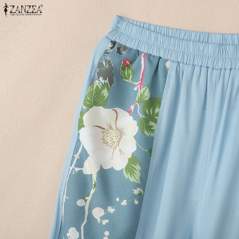 ZANZEA Women Casual Elastic Waist Loose Print Cropped Pants