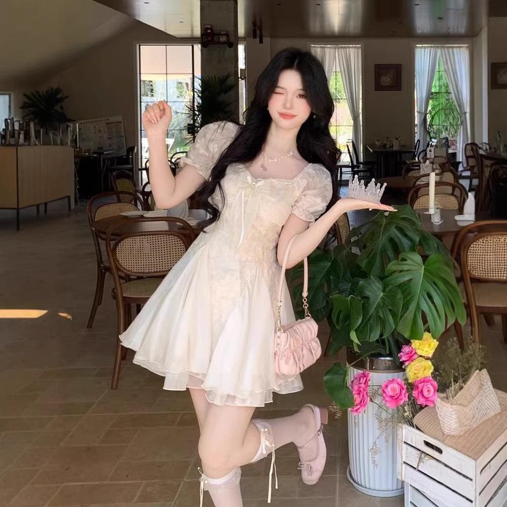 French high-end princess tulle splicing dress waist and thin small temperament cake dress female summer