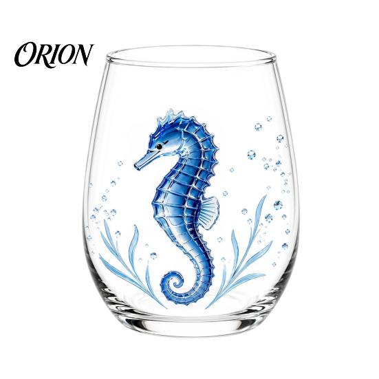 Decorative Aesthetic Water Tumblers Stemless Wine Glasses with Marine Animal Pattern, 420ml Capacity, High Borosilicate Clear Glass Cups for