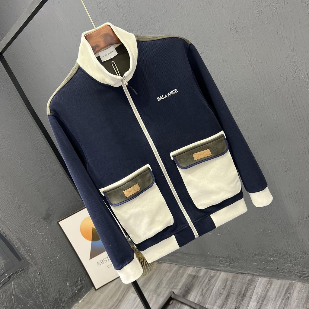 Korean Version Men's Fashionable Jacket Trendy Brand Casual Stand Up Collar Patchwork Contrasting Coat Stylish and Versatile Top