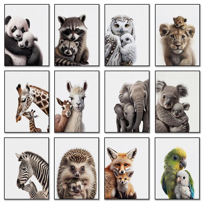 Animal and Their Cute Baby Poster Lion Elephant Koala Bear Owl Fox Canvas Painting Wall Art Pictures for Nursery Baby Room Decor