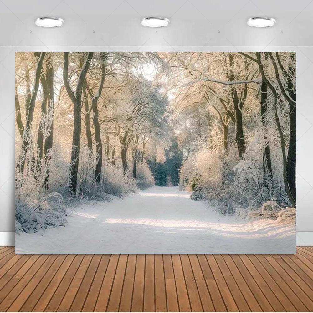 Paesaggio Invernale Scena di Neve Foresta Bianca Sfondo Fotografico Forniture Decorazioni Festa di Natale Striscione di Sfondo Oggetto di Scena per Foto