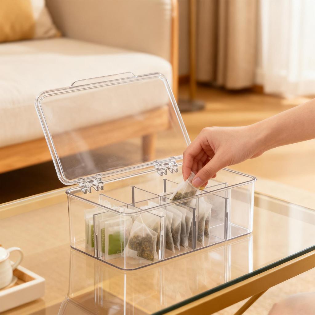 Tea Organizer Clear Container With Removable Dividers Packet Storage Tea Bag Holder Organizer For Kitchen Cabinet Counter Living