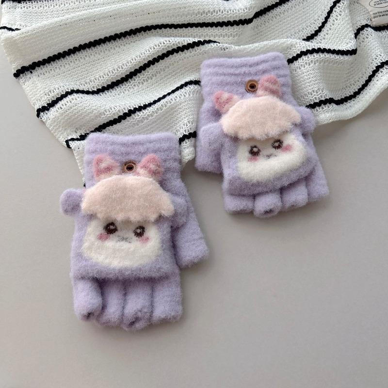 - Einjährige Kinder Strickhandschuhe mit Klappe, Damen Herbst und Winter Halbfinger mit freien Fingern, niedliche lockige Plüsch warme Schülerhandschuhe