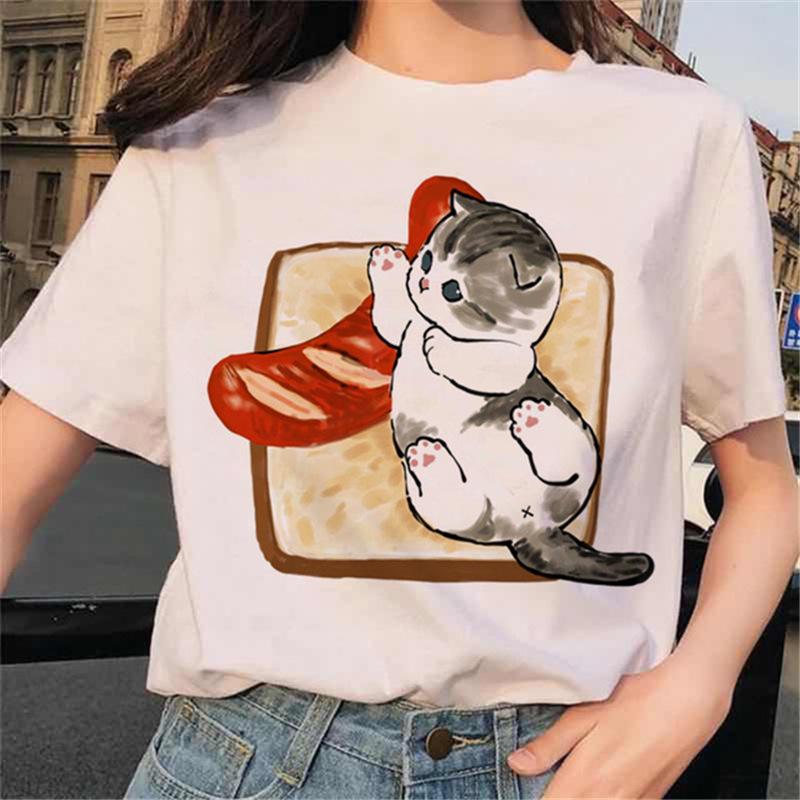 Sommer Damen T-Shirt Fun Kawaii Cartoon Katzen Print Harajuku High Street Casual Vielseitige Rundhals Kurzarm Tops