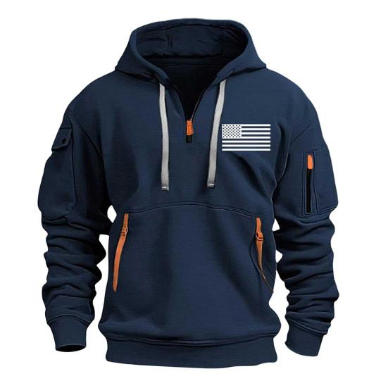 Men Spring Fall Fitness Hoodie with Zipper Decor Plush-lined Hooded Multi Pockets