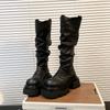 Korean goods thick-soled V-mouth folds piled high boots women look thin but knee long boots increase height 7cm big-headed knight boots
