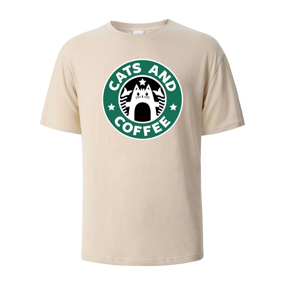 Cats And Coffee Street Funny TShirt For Men Fashion Casual Loose Cotton Clothing Crewneck Breathable Tshirt Hip Hop Tees