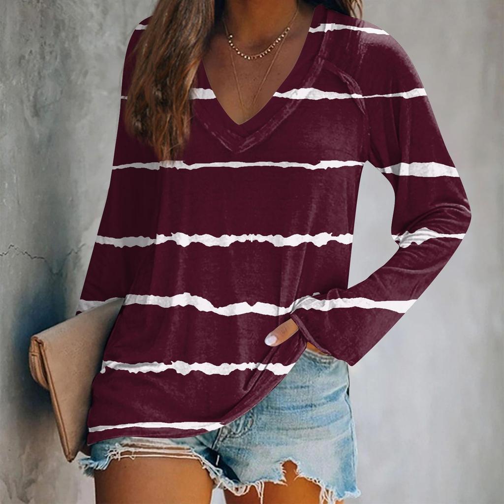 Women's Long Sleeved T-shirt V-neck Tie Dyed Floral Stripe Print Casual Top