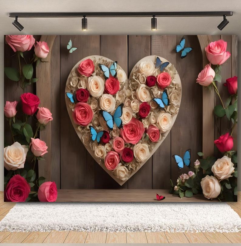 Valentine's Day Photography Background Red Roses Balloons Wood Board Brick Wall Women Birthday Wedding Decoration Photo Backdrop