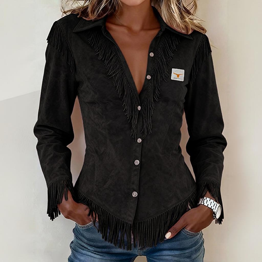 Women's Western Style Suede Fringe Long Sleeve Slim Fit Shirt Top Button Down Collar Casual Blouse with Decorative Tassels