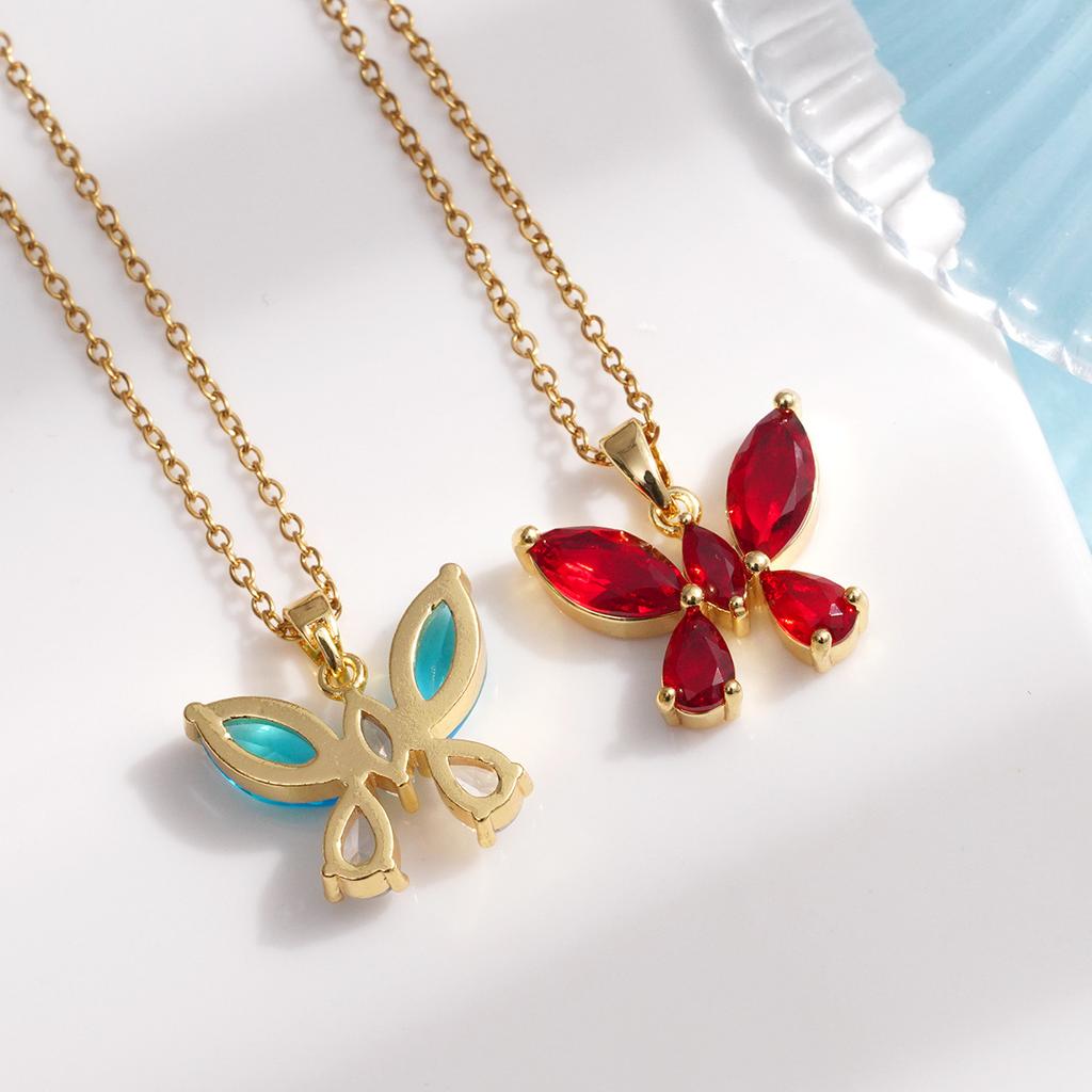Sweet Colorful Zircon Butterfly Pendant Necklace Cute Stainless Steel Chain Jewelry Gifts for Women Teen Girls