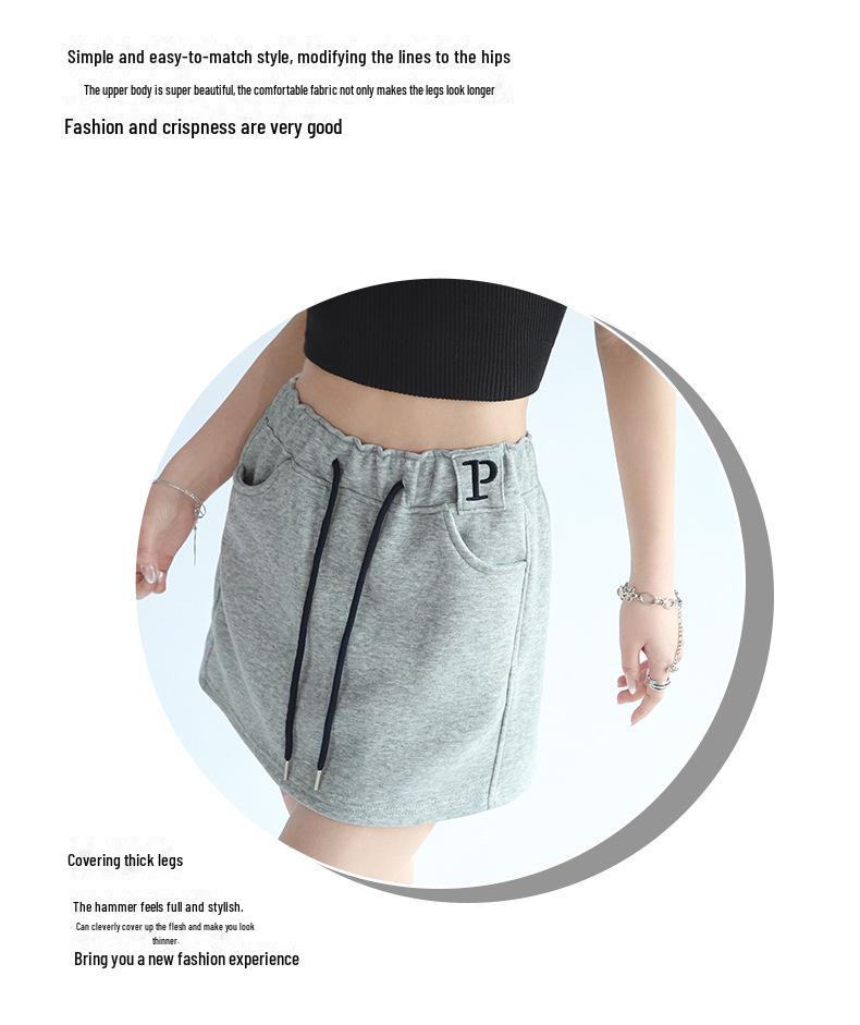 Women's Gray High-Waist A-Line Sports Skirt with Attached Shorts - Spring to Autumn Wear