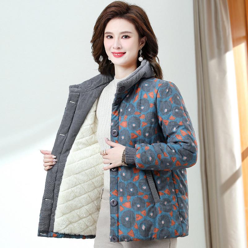 

Mom s Floral Print Plus-Size Winter Jacket - 2025 Down Cotton Style with Extra Thick Velvet, Perfect for Middle-Aged Women 2XL (105-120 lbs) сірий колір/синій