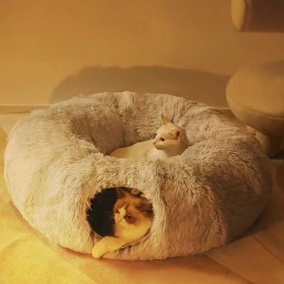 Winter Plush Cat Tunnel - Foldable Warm Cat Bed with Fluffy Hideout Four-Season Pet Cave for Play & Sleep