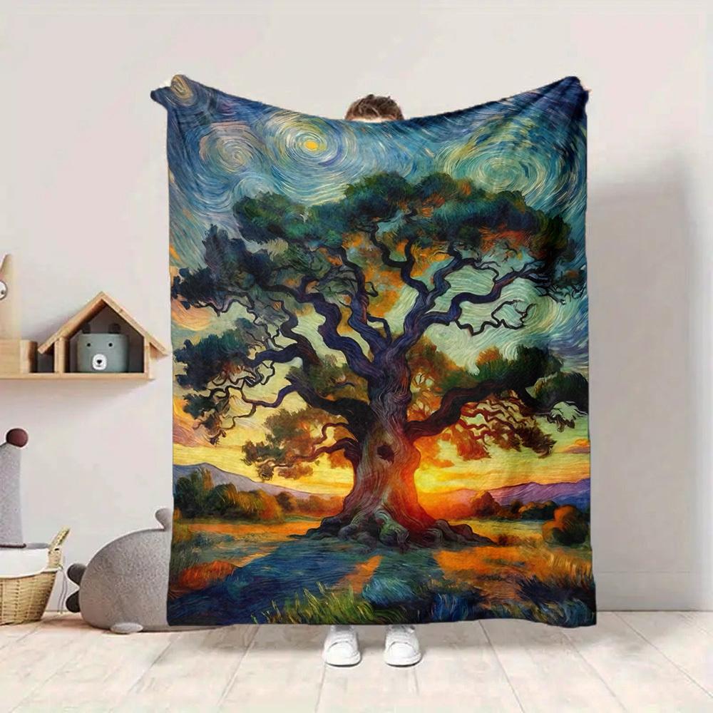 1pc Tree Sunset Pattern Blanket, Lightweight Flannel Throw Blanket for Sofa, Bed, Travel, Camping, Living Room, Office, Couch026