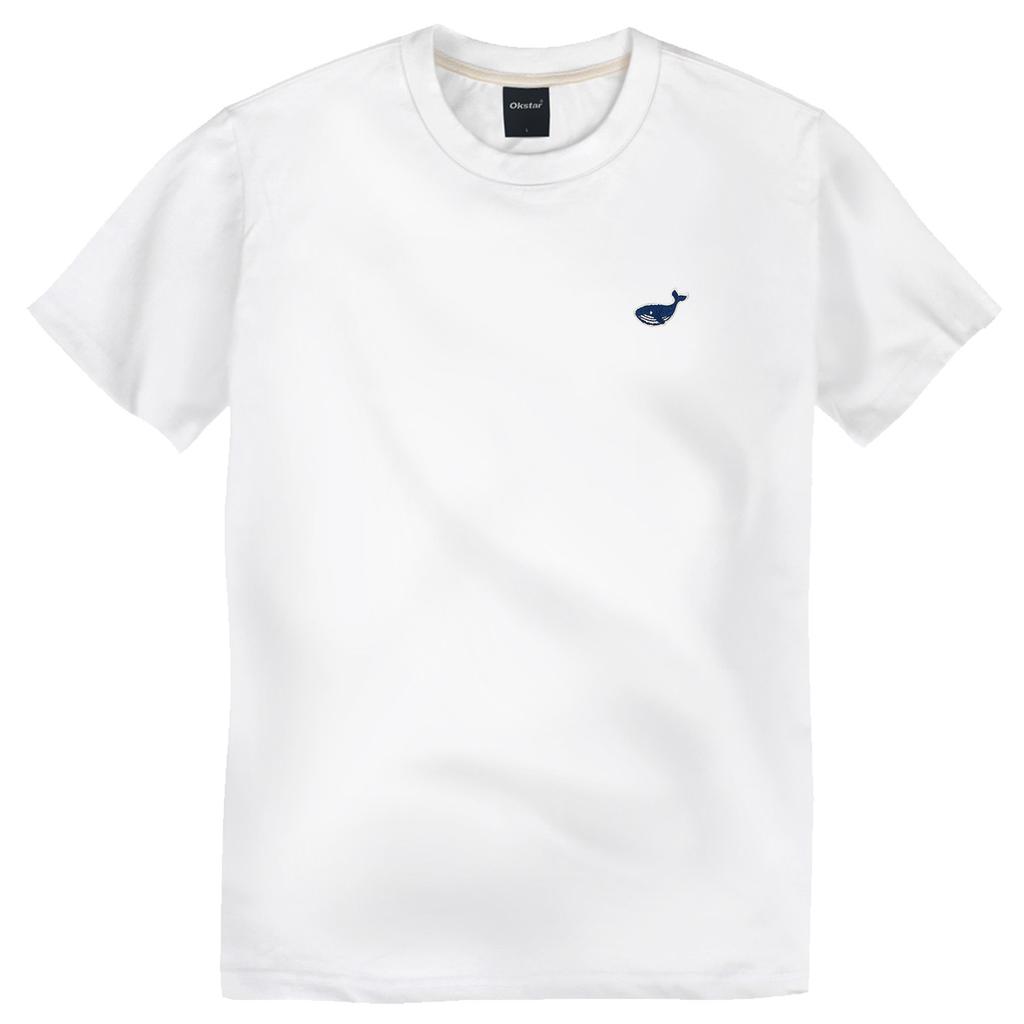 OKSTAR Light Cotton 30-Count Mini Whale Embroidered Short Sleeve Tee
