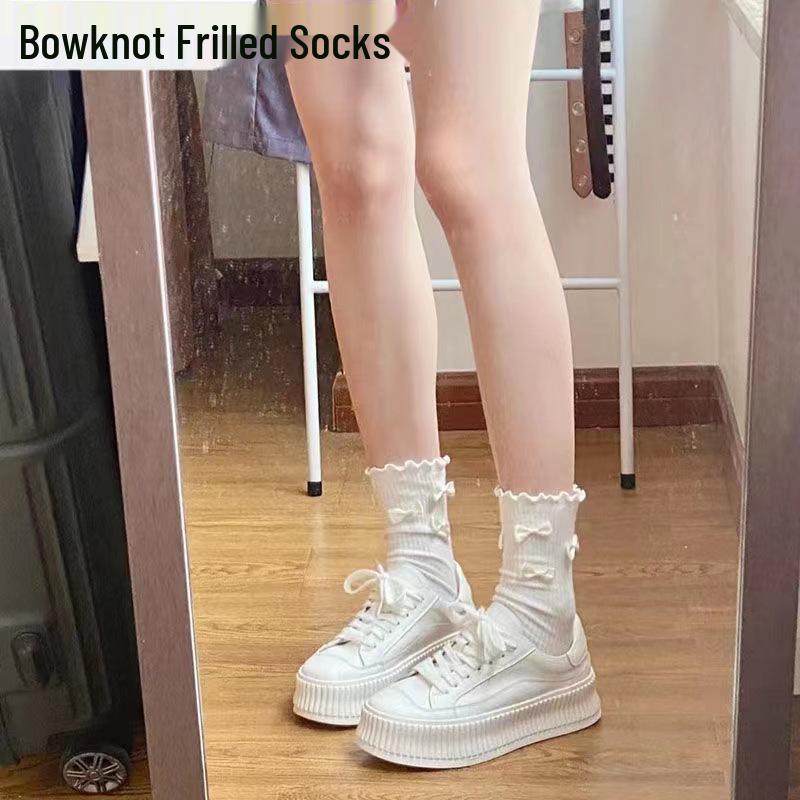 

Милые носки до середины икры в японском стиле с оборками, бантом и кружевом для женщин и девочек - Весна/Лето One Size белый