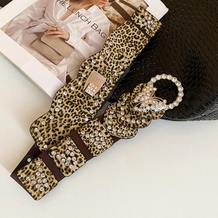 Mei Mary Super Sparkly Diamond-studded Leopard Print Leather Butterfly Patchwork Waist Chain - Vintage Ethnic Style Belt