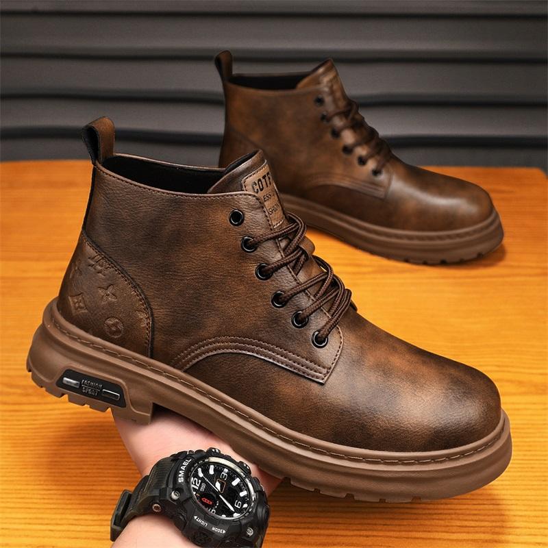 Fashion 2025 New Genuine Leather MEN'S BOOTS with Retro Style Leather Boots Thick Soles Wear-resistant MEN'S High Top Casual Shoes