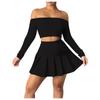 Women Long Sleeve Set Solid Color Casual Outfit Strapless Pleated Skirt Suit