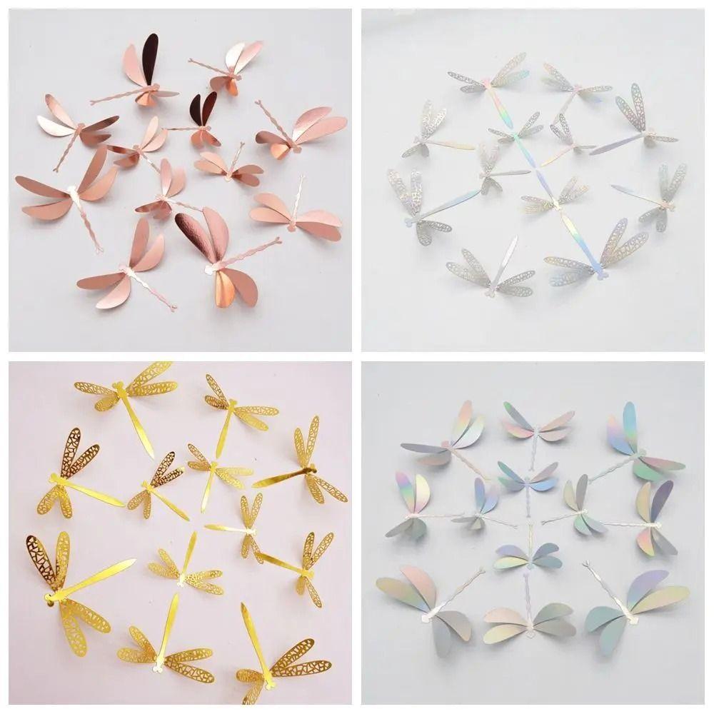 12PCS 3D Imitation Dragonfly Wall Sticker Wedding Party Decoration PVC Metal Texture Gold Silver Butterfly Wall Stickers