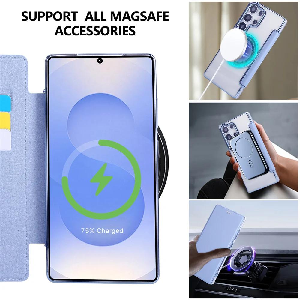 Flip Slot Card Leather Wallet Clear Magnetic Phone Case For Samsung S24 S25 Ultra S22 S23 Plus For Magsafe Wireless Charge Cover