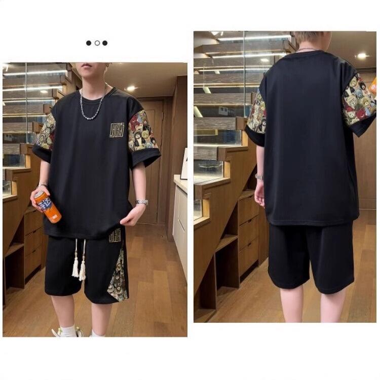 Men's Casual Loose Cartoon Bear Patchwork T-shirt and Shorts Set
