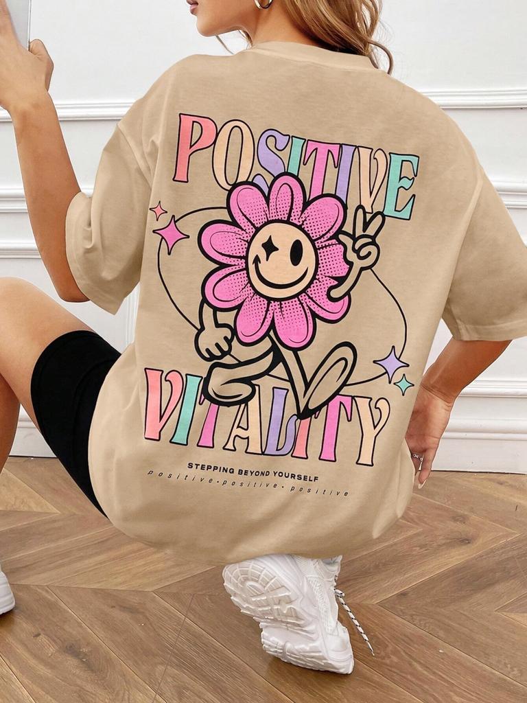 Positive Vitality Sunflower Printed Female Tshirt Harajuku T-Shirts Breathable Short Sleeve Hip Hop Fashion Street Tops Women