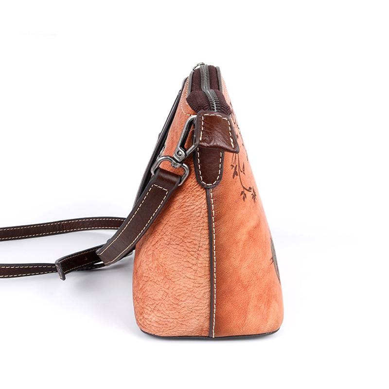 The First Layer of Cowhide One-shoulder Messenger Women's Bag, Chinese Style Rose Rose Women's Bag