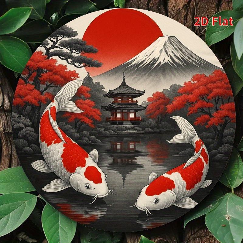 

Koi & Fuji Metal Art. 7.8 round Japanese landscape for home, office or cafe. A festive gift. чистий