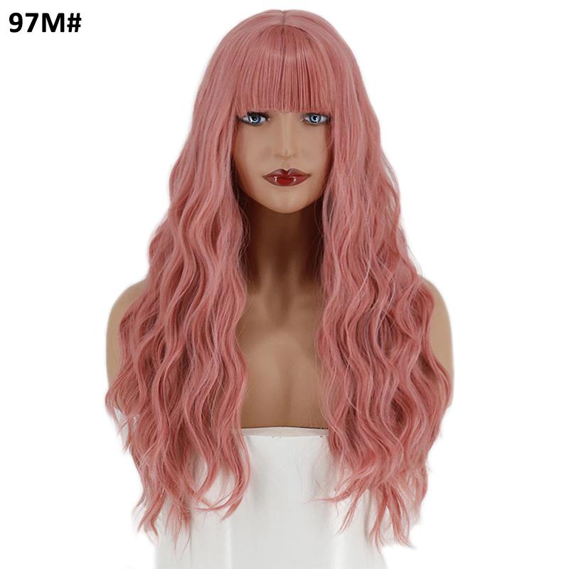MERISIHAIR Women Long Water Wave Wigs with Blunt Bangs Synthetic High Temperature Fiber Wigs Daily Party Cosplay Use