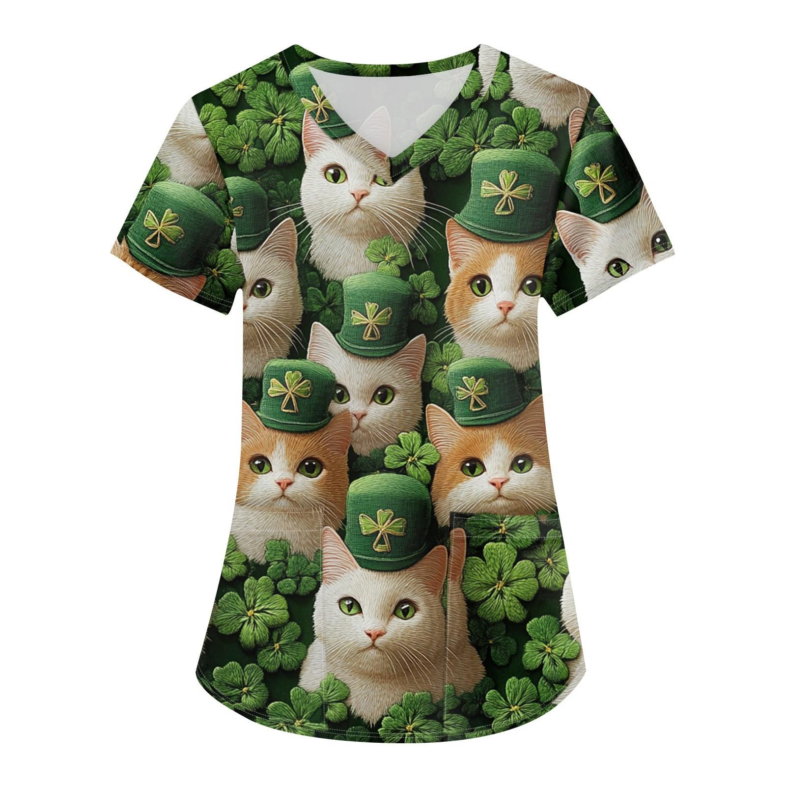 

Женская мода с v-образным вырезом, короткими рукавами и карманами, топы с принтом M коричневый