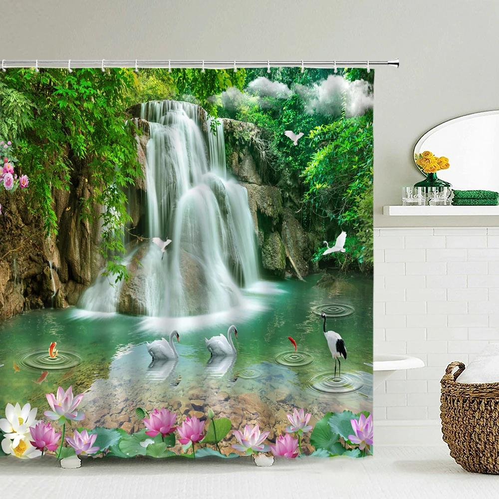 Green Scenery Shower Curtain with Hooks, Waterproof Bathroom Partition, Weighted Bottom Reinforced Eyelets & Easy To Clean