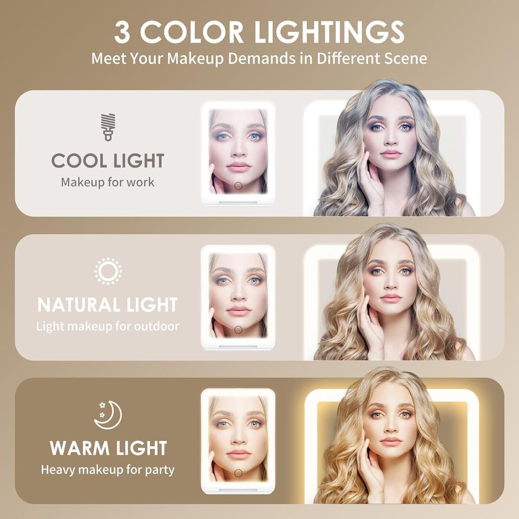 FATBEE 10X Magnification Rechargeable Makeup Mirror for Travel, Makeup Mirror with 80 LED Lights, 3 Color Lighting, Dimmable Touch Screen,Portable