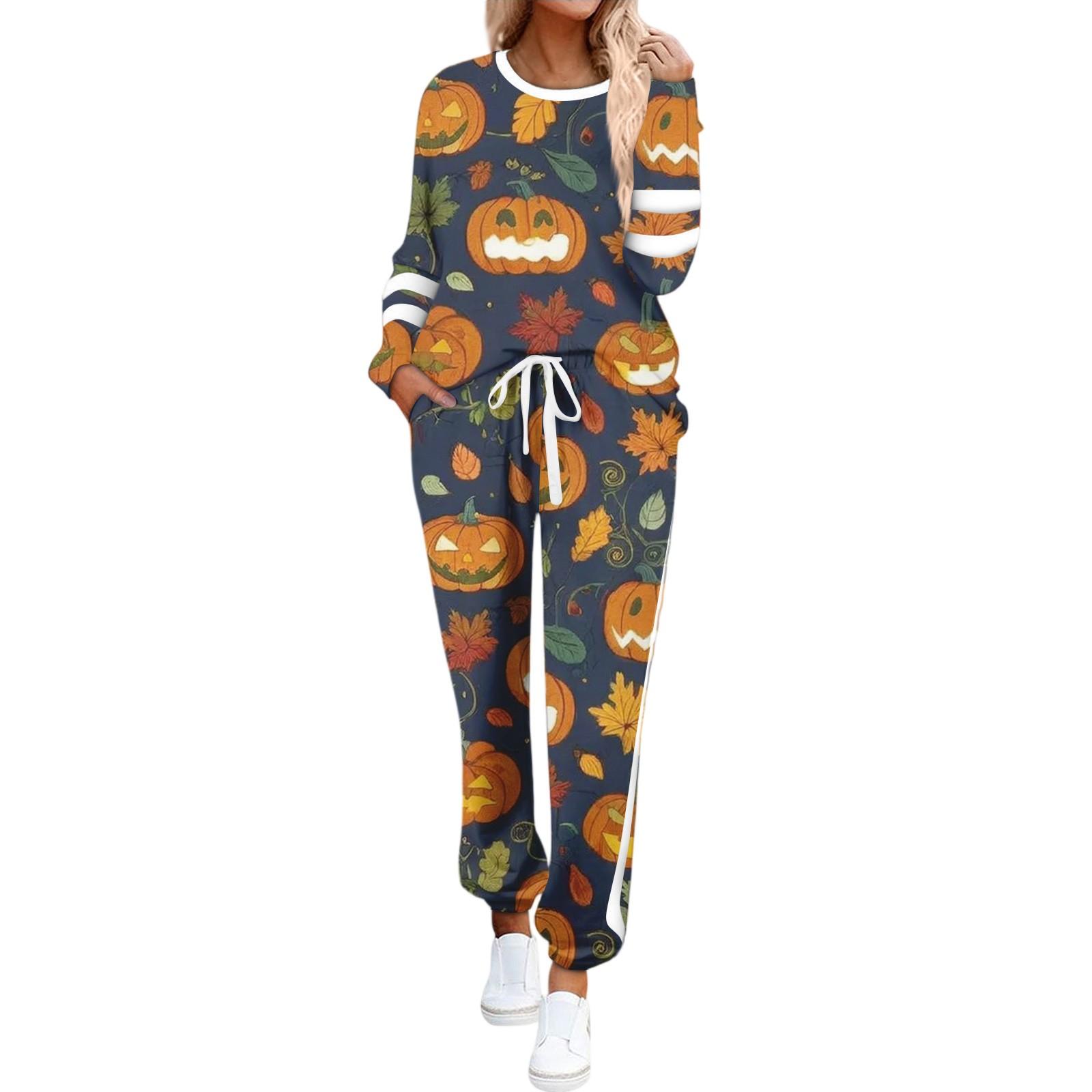 

Women s Round Neck Long Sleeve Suit Halloween Printed Casual Suit Long Pants With Pockets L верблюд