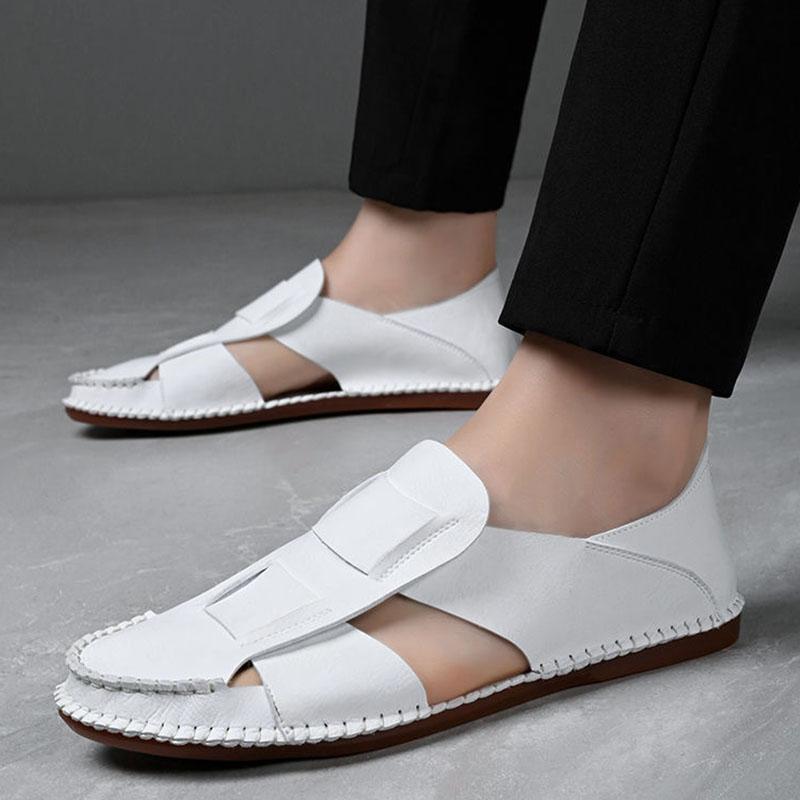 Summer Designer New Men's Gladiators Black White Silp On Pu Leather Casual Shoes Male Breathable Beach Sandals Outdoor Slippers