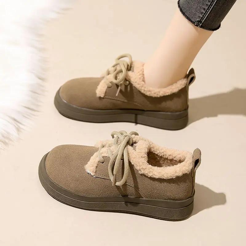 

Модные женские зимние ботинки на шнуровке, черная замша, круглый носок, элегантный низкий каблук, женская обувь на шнуровке, Y2k, овчина, зимние, водонепроницаемые, нескользящие, 39 40