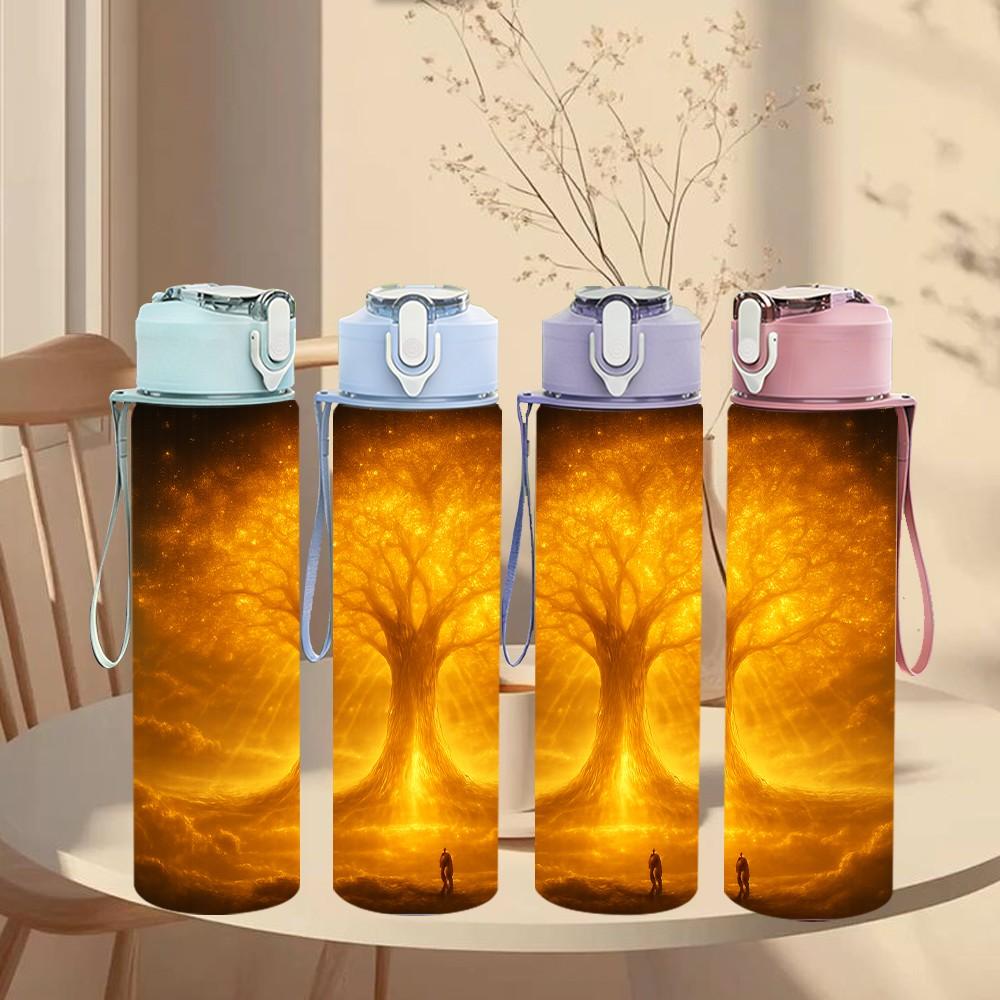 1PC Glowing Golden Tree Sunset Art Print 750ml Color Plastic Sports Water Bottle Leakproof Flip Straw Lid Suitable for Sports Office Home Use