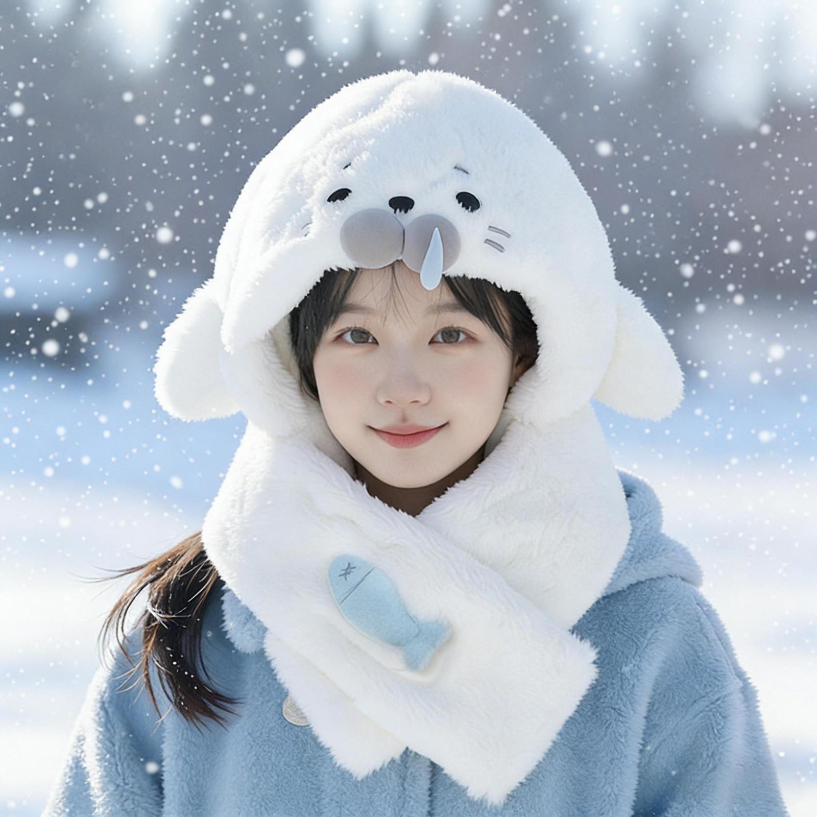 Шляпа в форме тюленя для женщин, Универсальный и милый набор из плюшевого шарфа и капюшона-воротника, Идеально для зимы. One Size