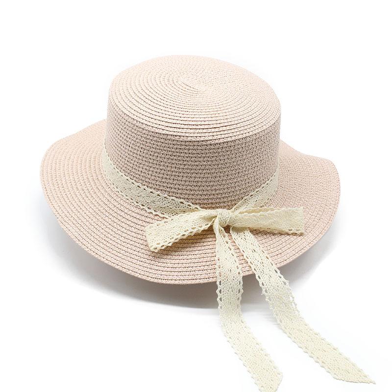 Straw Hat Women'S Summer British Style Lace Bow Flat Top Top Hat Sunshade Sun Protection Straw Hat Beach Hat Sun Hat