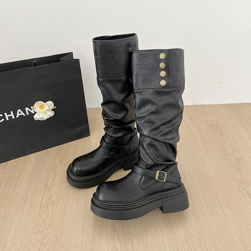 

Черные сапоги на толстом каблуке и платформе в ретро-британском стиле для женщин, новинка сезона весна-осень 2025 года, увеличивающие рост, и тонкие рыцарские сапоги 35 чёрный