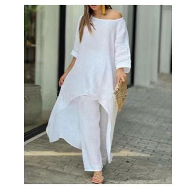 Women's Summer Office Suit Comfortable Loose Round Neck Long Sleeve + Long Pants Two Piece Set