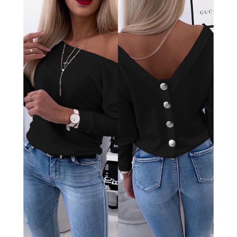 2024 Autumn Fashion Long-Sleeve Top with Back Buttons for Europe and America
