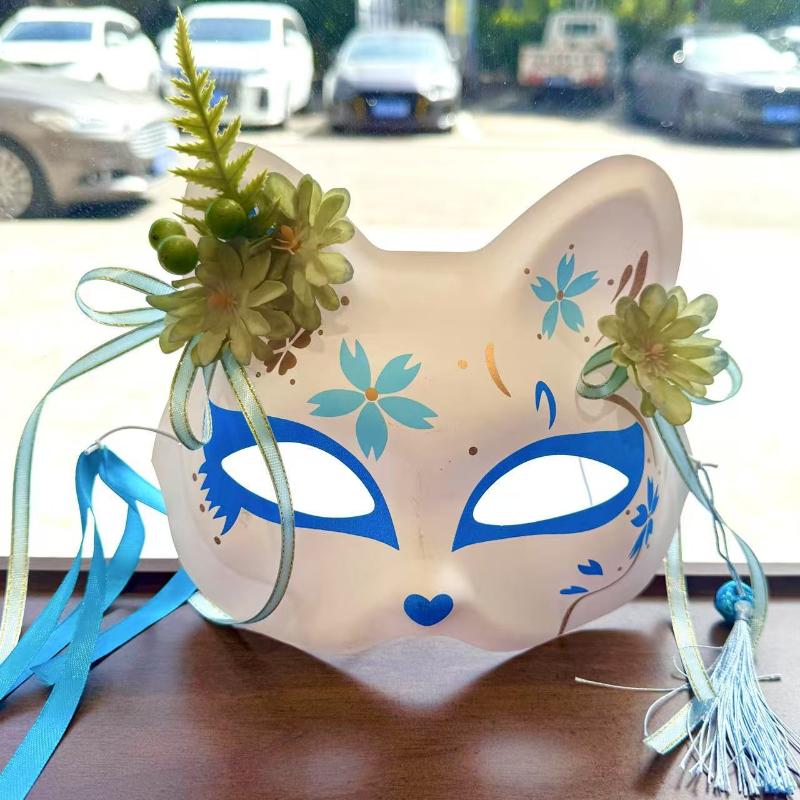 Anime Maschera Volpe Demone Dipinta a Mano Maschera Giapponese Mezza Faccia Maschera Fiori Mascherata Festival Ballo Kabuki Maschere Kitsune Oggetto Cosplay