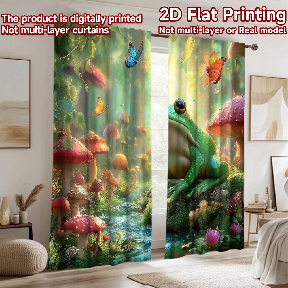 2D flat printing 2pcs Window Drapes Enchanted Forest Frog Stream Butterflies Digital Printed Polyester Drapes Seasonal Party &