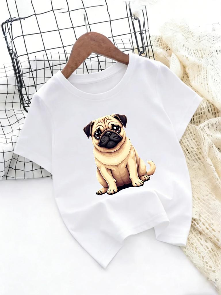 Children Casual T Shirt Adorable Pug Dog Cartoon Pattern Print Soft Breathable Short Sleeve Kids Trendy Summer Daily Outfit Top